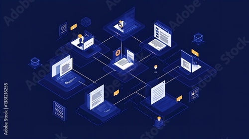 A digital illustration of an isometric network linking user profiles with document images