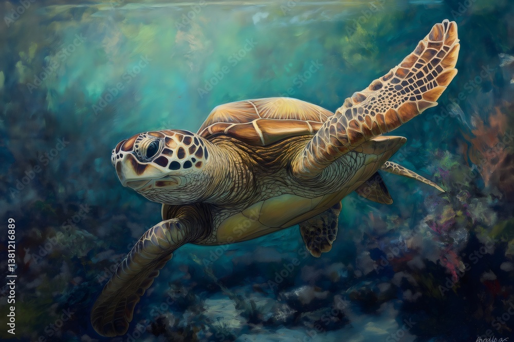 Obraz premium Painting of a sea turtle swimming in crystal clear tropical waters, showcasing the beauty and tranquility of marine life