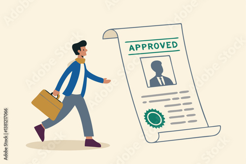 Work permit document approved, contract agreement athority, legal paperwork for employment with stamp signature, immigration permission concept, businessman employee with approved work permit paper.