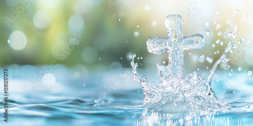Сross symbol in water with splash. Clean water droplets with Christian symbol. Creative concept of Christian baptism in holy water