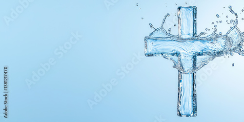 Сross symbol in water with splash. Clean water droplets with Christian symbol. Creative concept of Christian baptism in holy water
