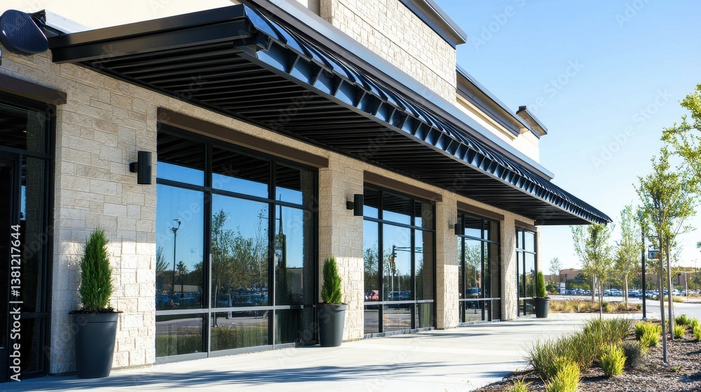 Modern Retail Storefront with Glass Windows and Planters Modern Retail Storefront with Glass Windows and Planters