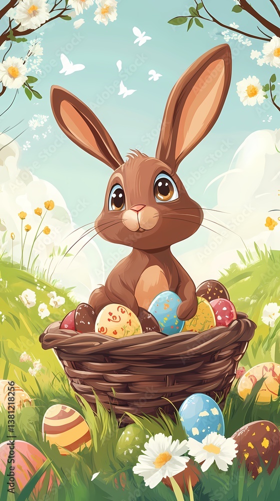 Cute bunny sits in nest with Easter eggs in spring meadow Cute bunny sits in nest with Easter eggs in spring meadow
