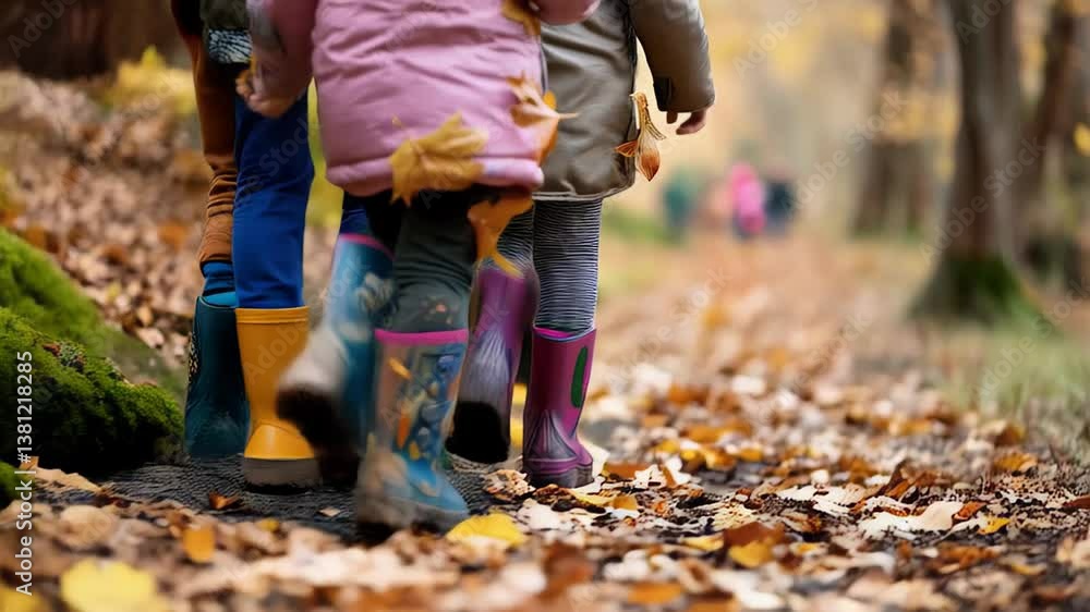 Kids wearing colorful rain boots strolling through fallen autumn leaves on forest trail, sharing joyful woodland wandering and childhood exploration Kids wearing colorful rain boots strolling through fallen autumn leaves on forest trail, sharing joyful woodland wandering and childhood exploration