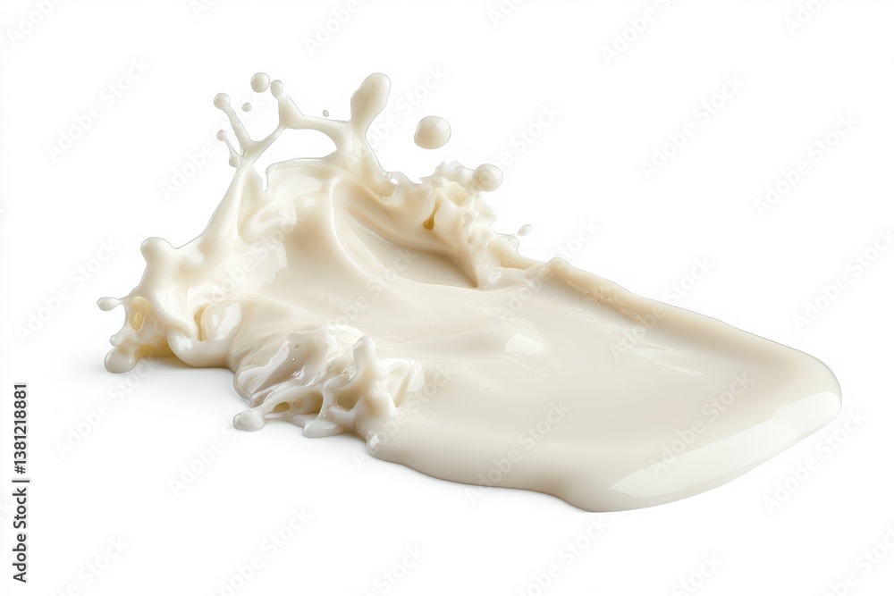 Fototapeta premium White liquid splash, resembling milk or cream, isolated against white.