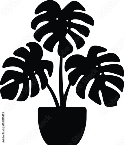 Monstera deliciosa plant in pot silhouette vector,Monstera deliciosa plant vector