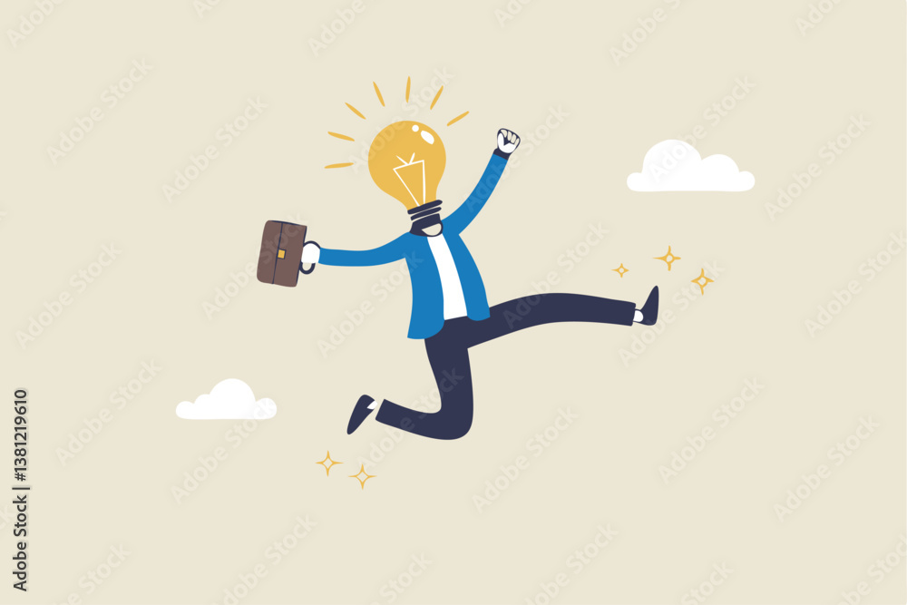 Get new business idea, think or brainstorming for solution, creativity or invention, brilliant idea discovery, intelligence or wisdom to drive success concept, businessman jump lightbulb idea head. Get new business idea, think or brainstorming for solution, creativity or invention, brilliant idea discovery, intelligence or wisdom to drive success concept, businessman jump lightbulb idea head.