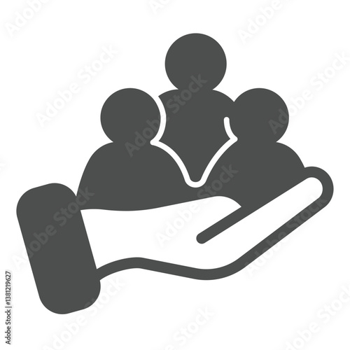 Hand with candidates group solid icon, team recruitment concept. Vector graphics. People crowd in hand, human recourse sign on white background, glyph style icon for mobile or web design.