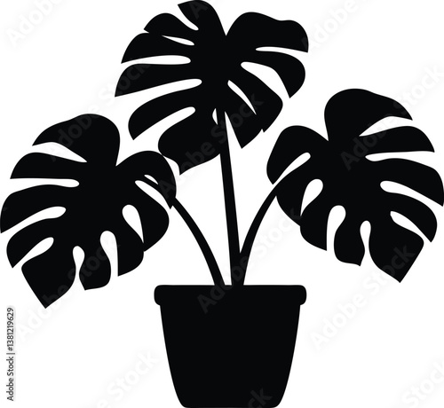 Monstera deliciosa plant in pot silhouette vector,Monstera deliciosa plant vector