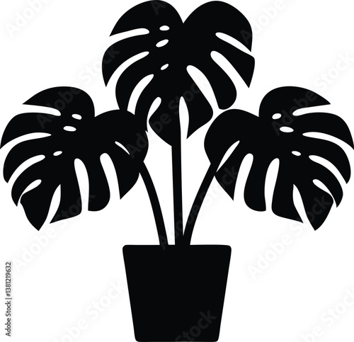 Monstera deliciosa plant in pot silhouette vector,Monstera deliciosa plant vector