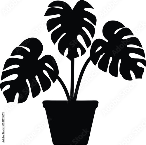 Monstera deliciosa plant in pot silhouette vector,Monstera deliciosa plant vector