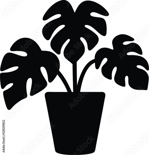 Monstera deliciosa plant in pot silhouette vector,Monstera deliciosa plant vector