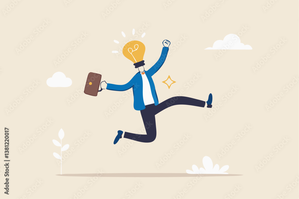 Get new business idea, think or brainstorming for solution, creativity or invention, brilliant idea discovery, intelligence or wisdom to drive success concept, businessman jump lightbulb idea head. Get new business idea, think or brainstorming for solution, creativity or invention, brilliant idea discovery, intelligence or wisdom to drive success concept, businessman jump lightbulb idea head.