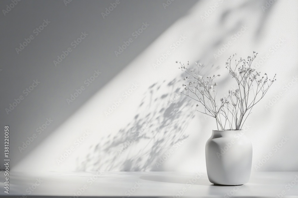 Fototapeta premium A simple white vase with delicate flowers casting soft shadows, creating a minimalist and elegant aesthetic that highlights beauty in simplicity and form.