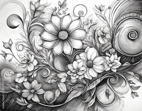Wallpaper Mural Ornate Botanical Sketch: Detailed Floral Composition with Swirls and Textures Torontodigital.ca