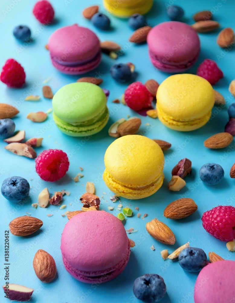 Fototapeta premium Colorful macarons and fresh berries with nuts on blue background