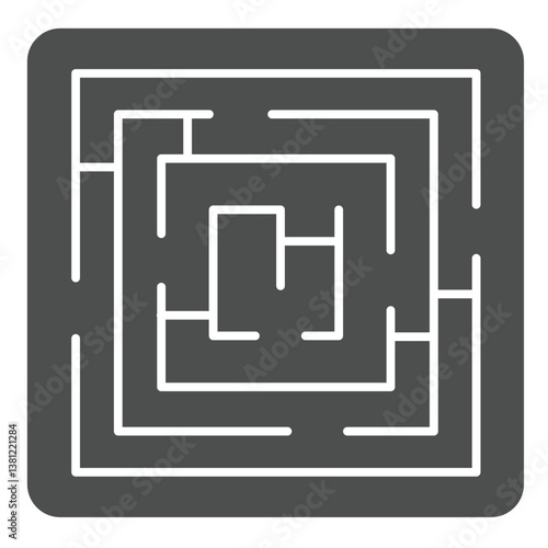 Square maze with entrance and exit solid icon, logical game concept. Vector graphics. Labyrinth, wayfinding sign on white background, glyph style icon for mobile or web design.