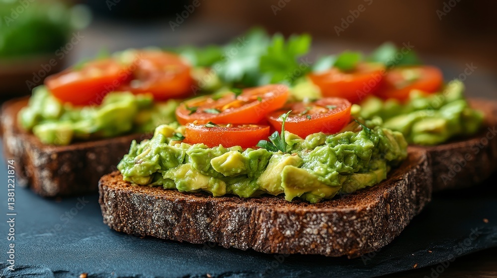 Three avocado toasts topped with sliced tomatoes & herbs sit on a slate board Three avocado toasts topped with sliced tomatoes & herbs sit on a slate board