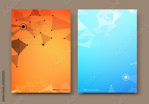 Abstract composition. Text frame surface. Blue, orange a4 brochure cover design. Title sheet model set. Polygonal space icon. Vector front page font. Ad banner form texture. Flier fiber