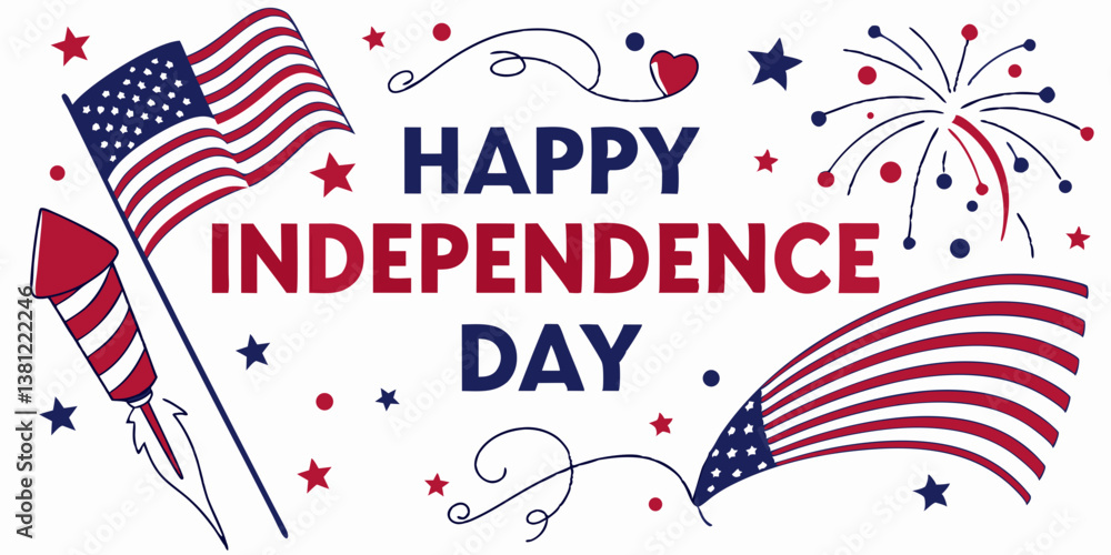 Obraz premium Patriotic Happy Independence Day Illustration with American Flag and Fireworks.
