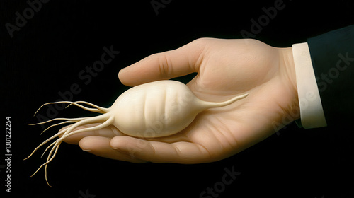 Discovering the mystical mandrake root held delicately against a stark black backdrop