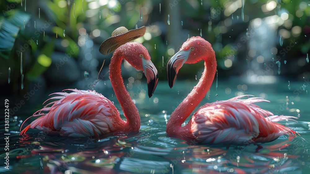 Fototapeta premium 2 happy funky flamingo relaxing in a pool facing each other creating a HEART shape, wearing hawaiian summer shirts and shorts