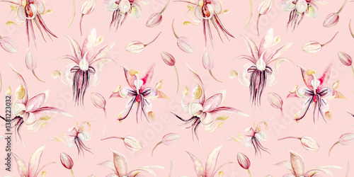 Chocolate tree flowers. Seamless pattern. Watercolor illustration. Hand drawn chocolate tree flowers in pastel colors for packaging, textiles and botanical designs.