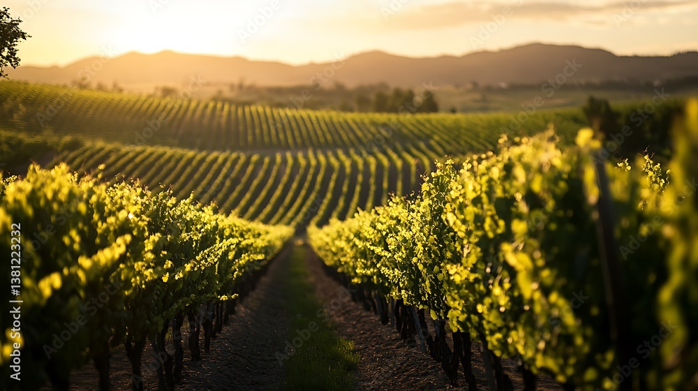 Fototapeta premium Golden Hour Vineyard: Rows of Vines Bathed in Sunset Light