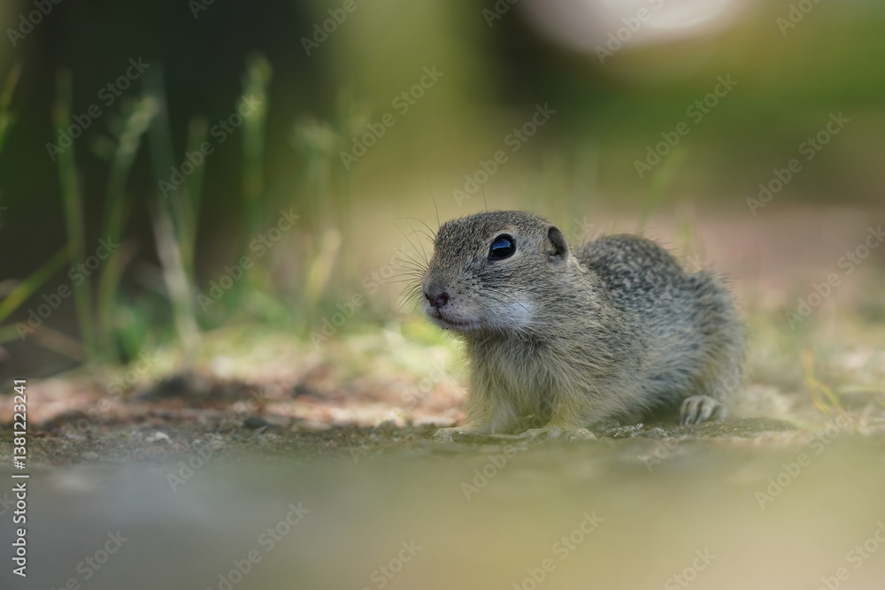 A young european ground squirrel in the nature habitat. Spermophilus citellus. A ground squirrel sits on the field. A young european ground squirrel in the nature habitat. Spermophilus citellus. A ground squirrel sits on the field.