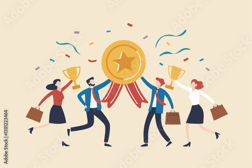 Team achievement, high quality employees, teamwork to help success together, best quality service reward, high performance staffs concept, business people celebrate high quality badge achievement.