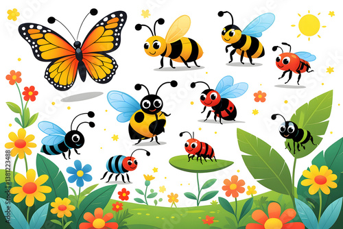 Colorful cartoon insects in a vibrant garden setting with flowers and sunshine