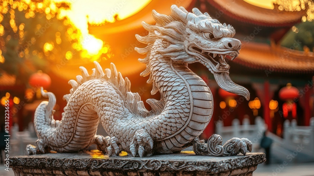 Fototapeta premium Majestic Stone Dragon at Sunset in a Chinese Temple