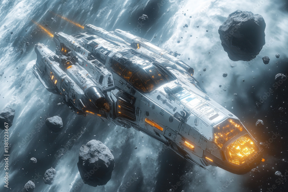 Fototapeta premium A spaceship is flying through space with a lot of rocks and debris around it