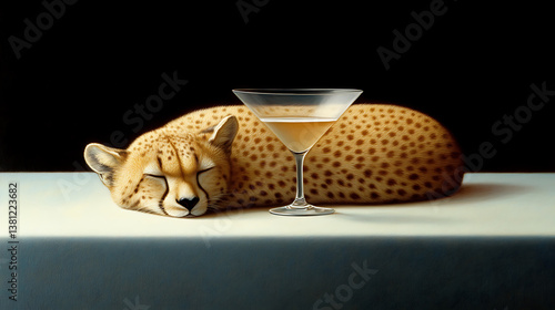 Claws relax beside a martini glass on a dark table in a lounge setting, showcasing elegance and charm