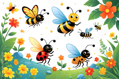 Colorful cartoon bees and ladybugs in a vibrant garden filled with flowers during sunny weather