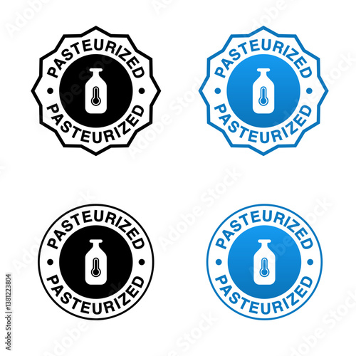 pasteurized milk vector symbol, blue circular stamp with milk bottle and thermometer	