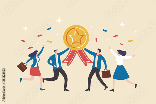 Team achievement, high quality employees, teamwork to help success together, best quality service reward, high performance staffs concept, business people celebrate high quality badge achievement.