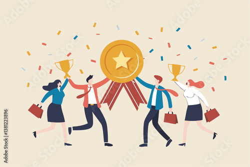 Team achievement, high quality employees, teamwork to help success together, best quality service reward, high performance staffs concept, business people celebrate high quality badge achievement.