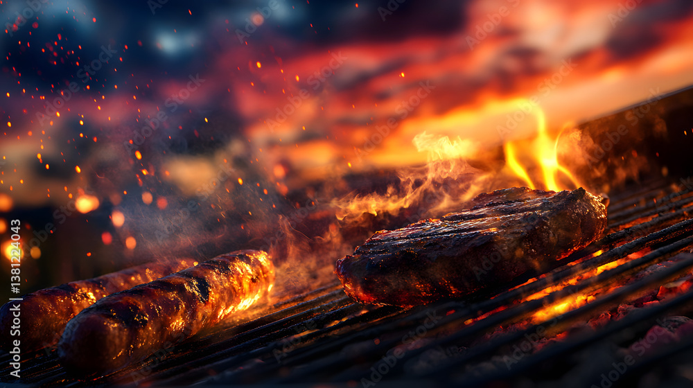 Steaks and sausages sizzling on a charcoal grill under a colorful sunset sky, filling the air with the scent of delicious barbecue. Steaks and sausages sizzling on a charcoal grill under a colorful sunset sky, filling the air with the scent of delicious barbecue.