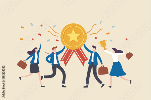 Team achievement, high quality employees, teamwork to help success together, best quality service reward, high performance staffs concept, business people celebrate high quality badge achievement.