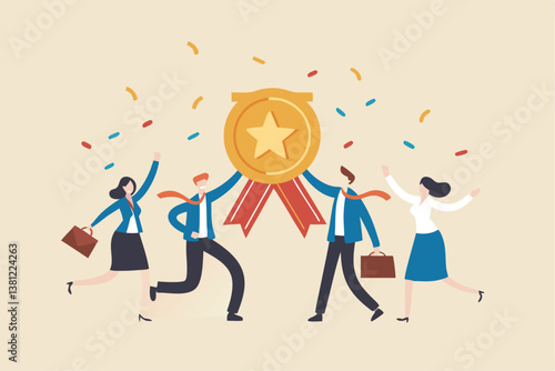 Team achievement, high quality employees, teamwork to help success together, best quality service reward, high performance staffs concept, business people celebrate high quality badge achievement.