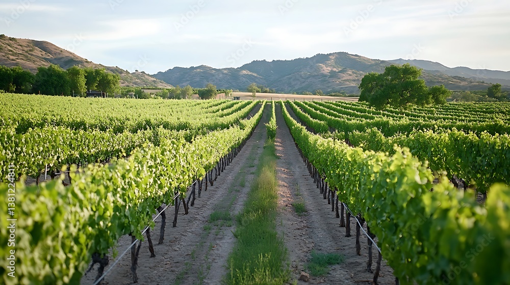 Obraz premium Serene Vineyard Landscape: Rows of Lush Grapevines Under a Sunny Sky