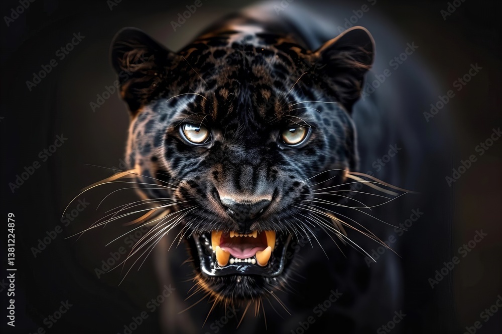 Stunning Close-Up Image of a Fierce Panther with Piercing Eyes and Razor-Sharp Teeth, Set Against a Dark Background. Ideal for a Wild Animals-Themed Banner or Predator Digital Art Collection. Stunning Close-Up Image of a Fierce Panther with Piercing Eyes and Razor-Sharp Teeth, Set Against a Dark Background. Ideal for a Wild Animals-Themed Banner or Predator Digital Art Collection.