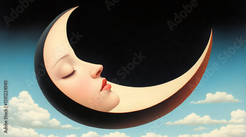 Crescent moon forms the serene profile of a woman against a deep black backdrop, embodying celestial beauty and tranquility