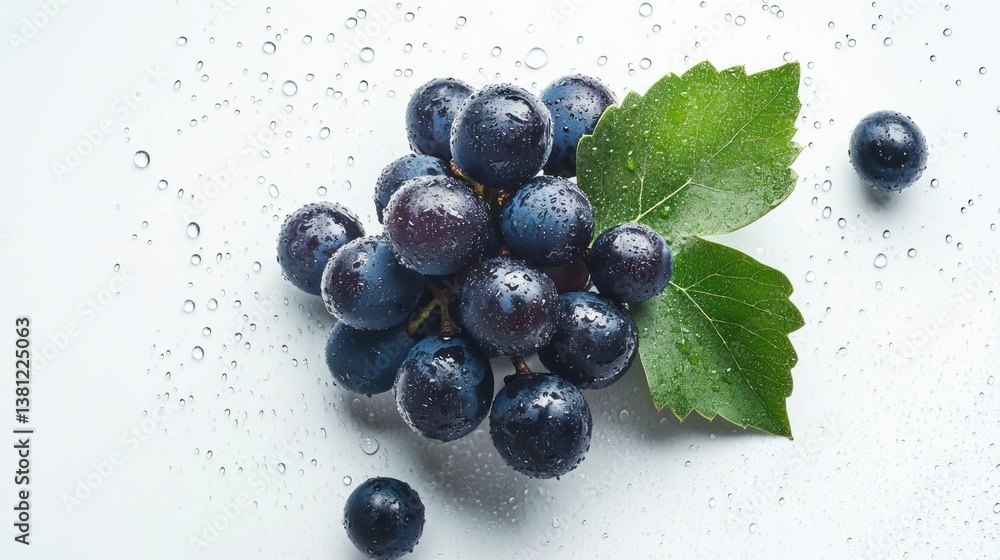 Fresh Dark Grape Bunch with Leaf and Water Droplets on White Fresh Dark Grape Bunch with Leaf and Water Droplets on White