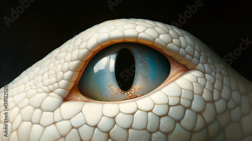 Witnessing the world through the captivating eye of a white snake reflecting its vibrant surroundings