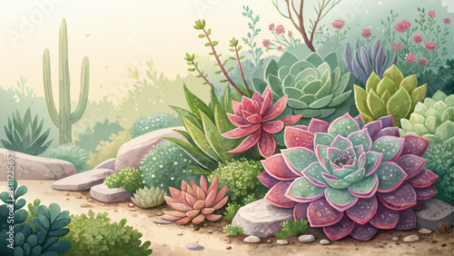 *Succulent Garden Watercolor Background – Assortment of Colorful Succulents in Fresh & Lively Ambiance with Copy Space* 