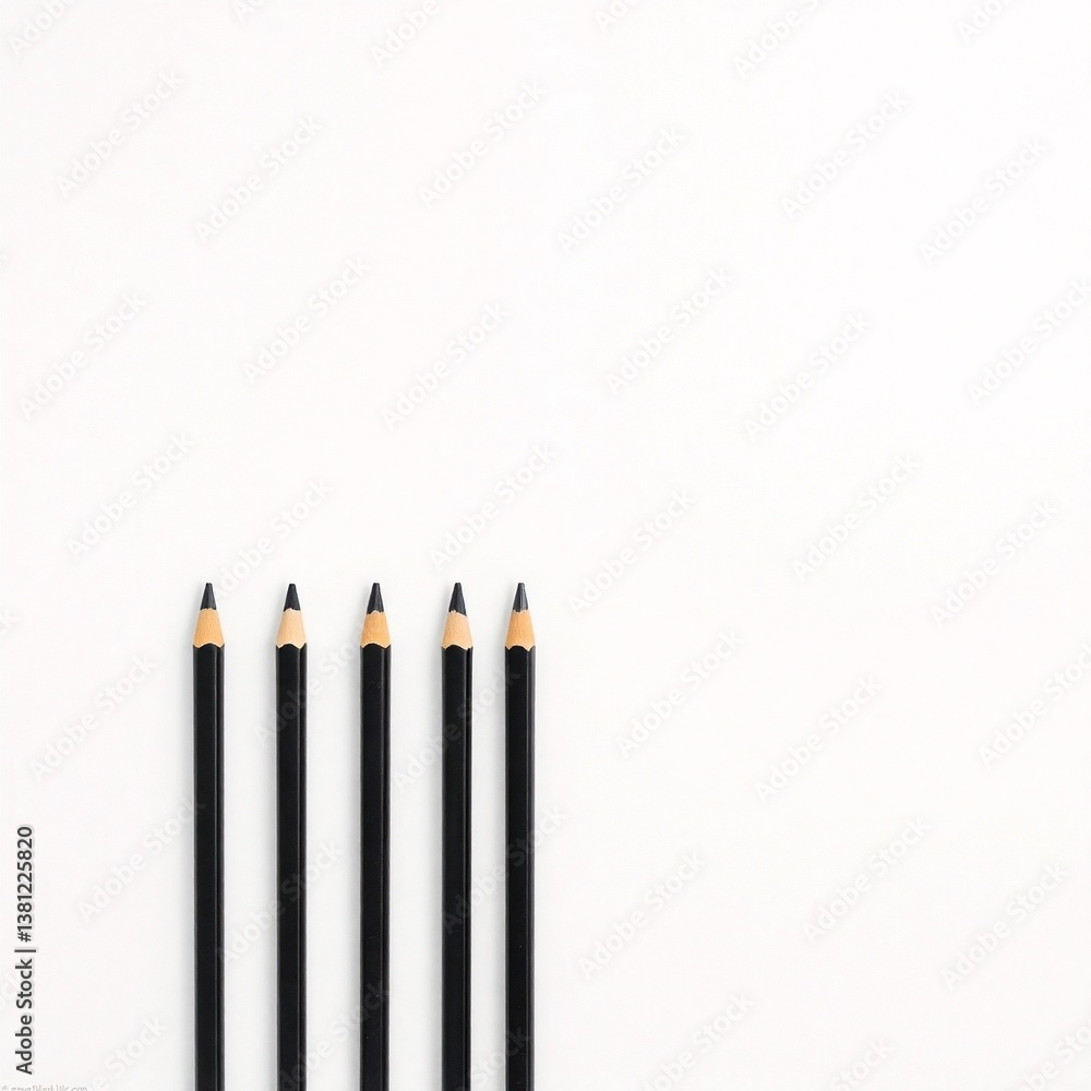 Against a stark white backdrop, six sharpened black pencils are arranged in a precise line, creating a minimalist and orderly composition Against a stark white backdrop, six sharpened black pencils are arranged in a precise line, creating a minimalist and orderly composition