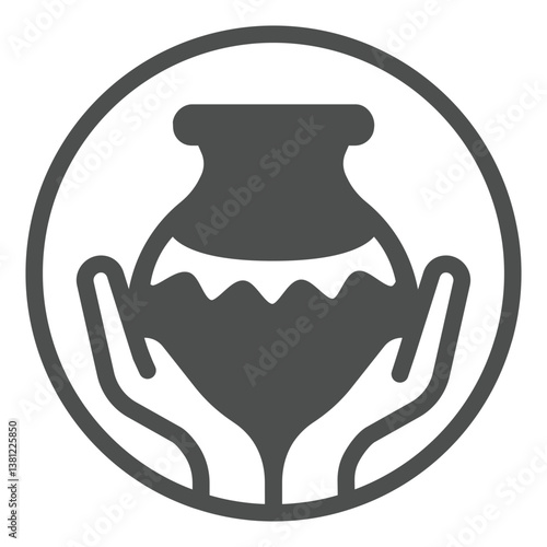 Clay pot with wave pattern in hands solid icon, pottery making concept. Vector graphics. Clay production bubble, fragile sign on white background, glyph style icon for mobile or web design.