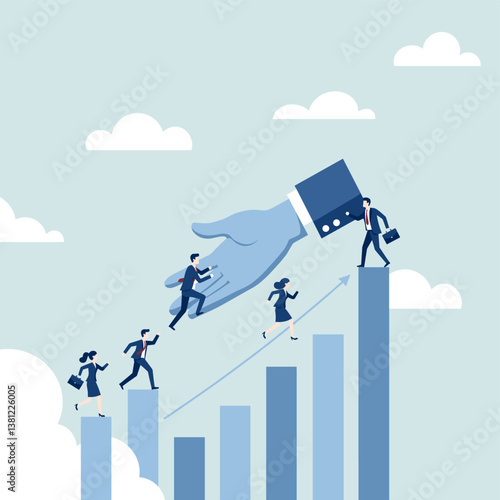 Connecting idea to startup launch vector concept illustration. Businessman plugs giant lightbulb representing innovation and creativity into launching rocket symbolizing project implementation busines